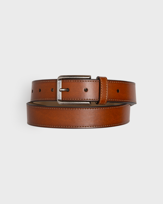 Brown leather belt with a silver buckle and visible stitching details.