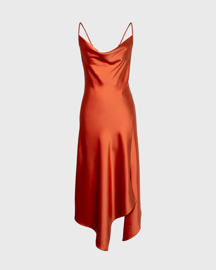 Sleek orange satin dress with a draped neckline and asymmetrical hem, featuring thin straps.