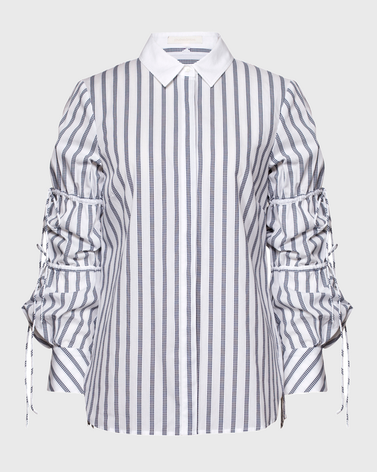 Striped white and navy shirt with ruched sleeves and a classic collar.