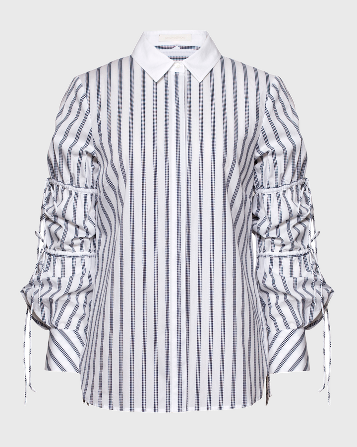 Striped white and navy shirt with ruched sleeves and a classic collar.